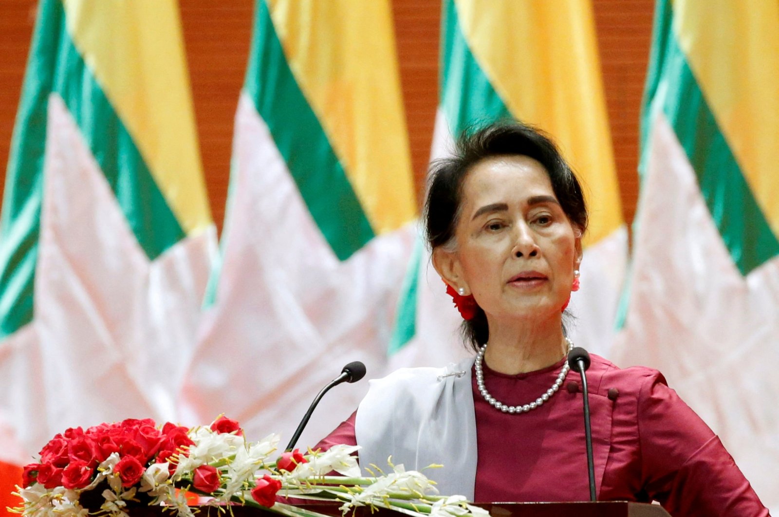 Myanmar State Counselor Aung San Suu Kyi delivers a speech to the nation over the Rakhine and Rohingya situation, in Naypyitaw, Myanmar, Sept. 19, 2017. (Reuters File Photo)