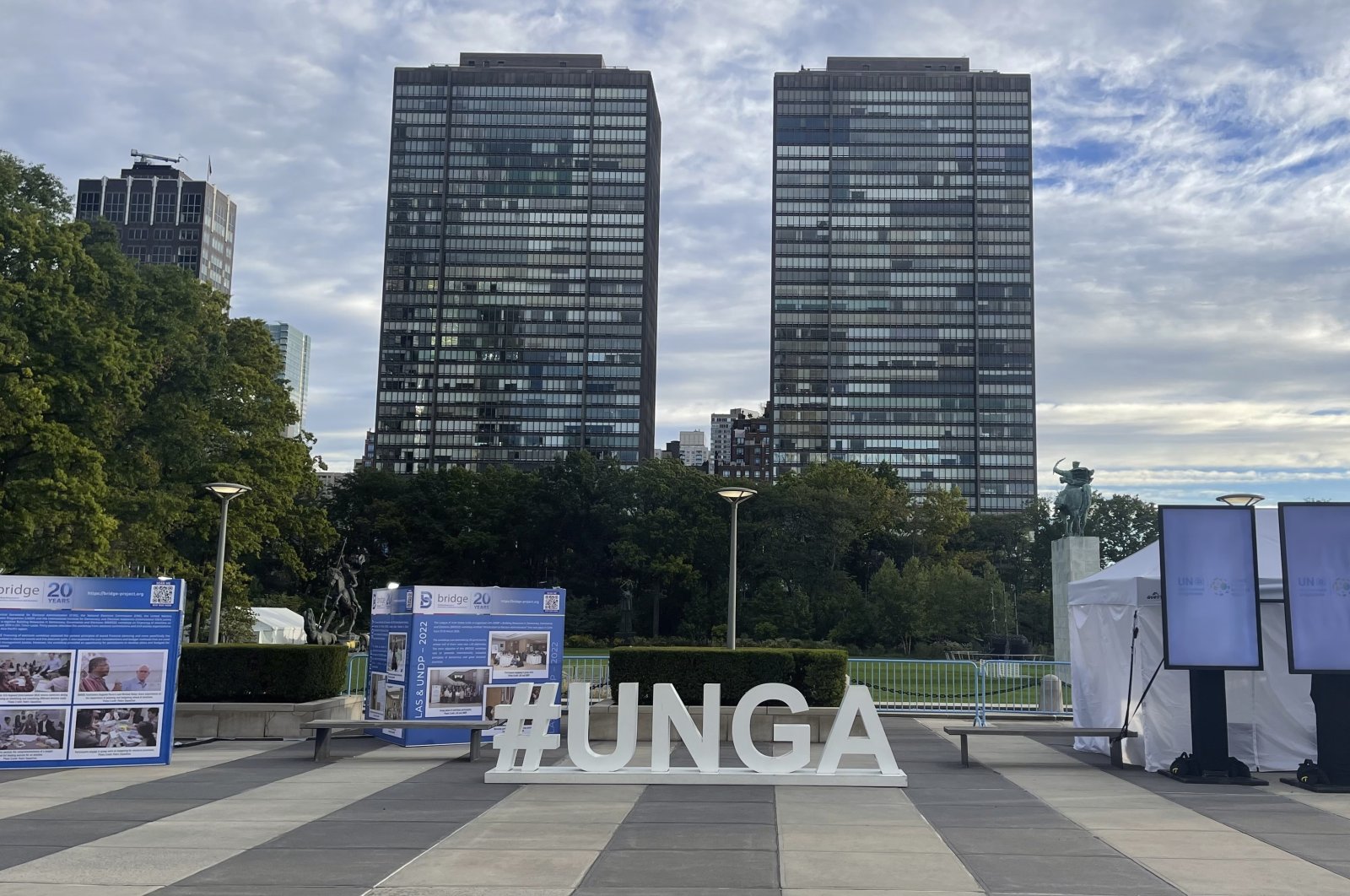 A &quot;#UNGA&quot; sign is on display at the United Nations Headquarters on Saturday, Sept. 24, 2022.  (AP File Photo)