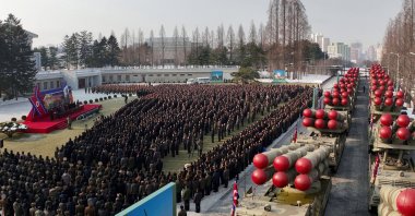 New super-large multiple rocker launchers are presented before a plenary meeting of the ruling Workers' Party of Korea, in North Korea, Jan. 1, 2023. (Reuters Photo)