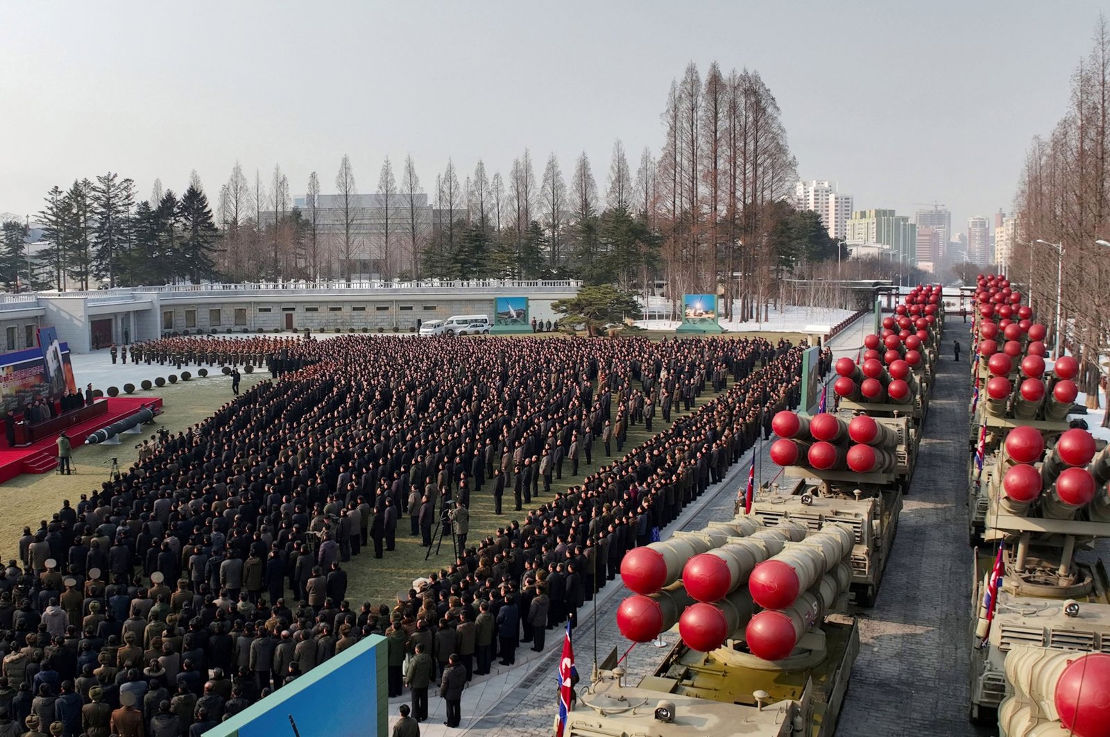 New super-large multiple rocker launchers are presented before a plenary meeting of the ruling Workers&#039; Party of Korea, in North Korea, Jan. 1, 2023. (Reuters Photo)