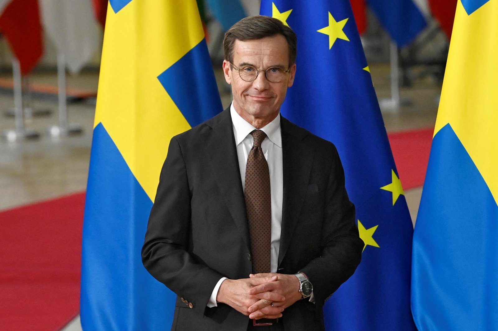 Sweden&#039;s Prime Minister Ulf Kristersson poses as he arrives for the first day of the EU leaders Summit at The European Council Building in Brussels, Belgium, Oct. 20, 2022. (AFP Photo)