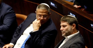 Right-wing Knesset members Itamar Ben-Gvir and Bezalel Smotrich attend a special session at the Knesset Israel&#039;s parliament, to approve and swear in a new right-wing government, in Jerusalem Dec. 29, 2022. (Reuters File Photo)