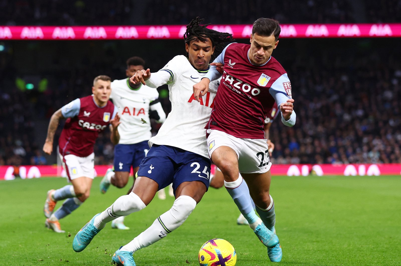 Tottenham Hotspur&#039;s Djed Spence in action with Aston Villa&#039;s Philippe Coutinho during the Tottenham Hotspur, Aston Villa match at Tottenham Hotspur Stadium, London, Britain, Jan. 1, 2023. (Reuters Photo)