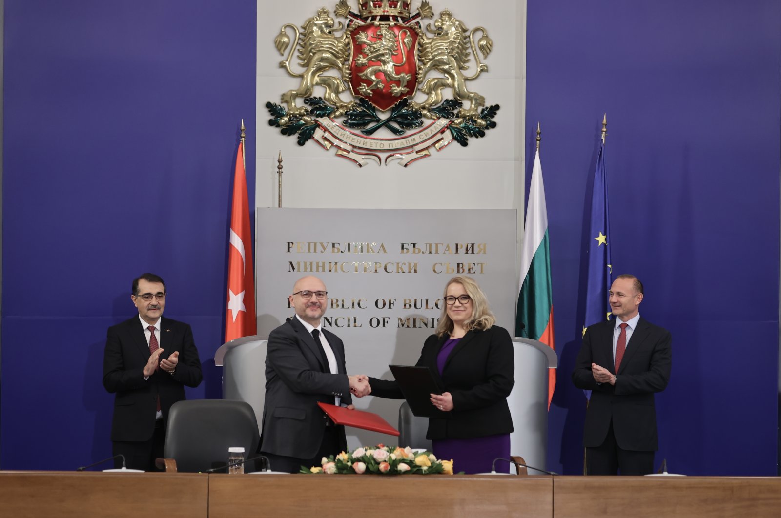 Türkiye&#039;s Energy and Natural Resources Minister Fatih Dönmez (L) and his Bulgarian counterpart Rossen Hristov (R) are seen during a signing ceremony for a long-term natural gas agreement, in Sofia, Bulgaria, Jan. 3, 2022.