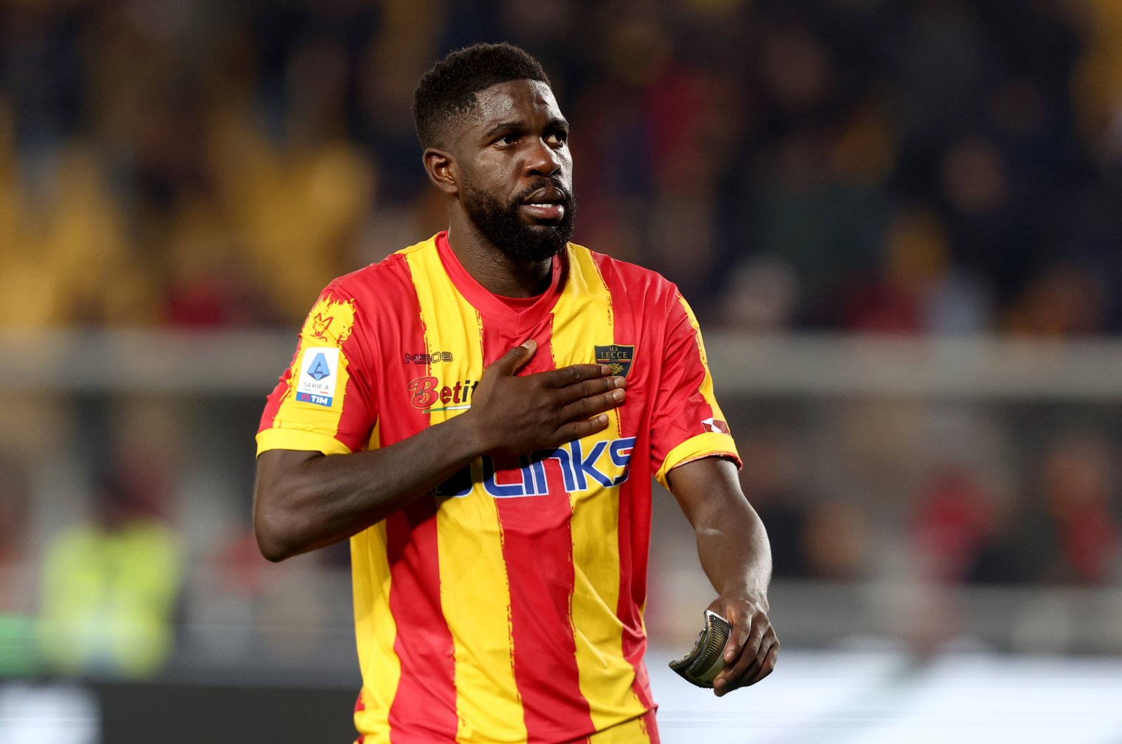 Samuel Umtiti of Lecce celebrates after the Serie A match between US Lecce and SS Lazio at Stadio Via del Mare, Lecce, Italy, Jan. 4, 2023. (Getty Images Photo)