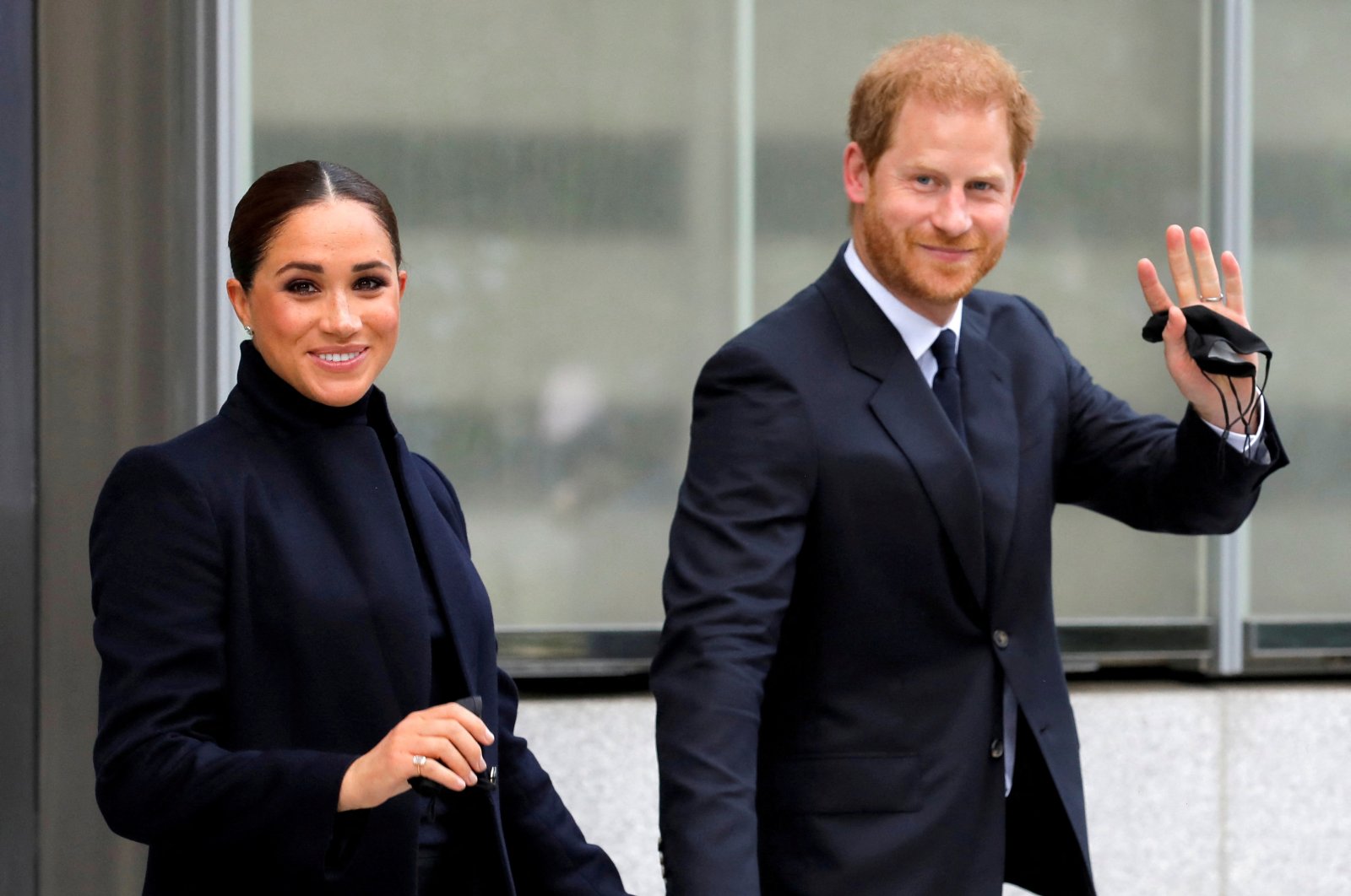 Britain&#039;s Prince Harry and Meghan, Duke and Duchess of Sussex, wave as they visit One World Trade Center in Manhattan, New York City, U.S., Sept. 23, 2021. (Reuters Photo)