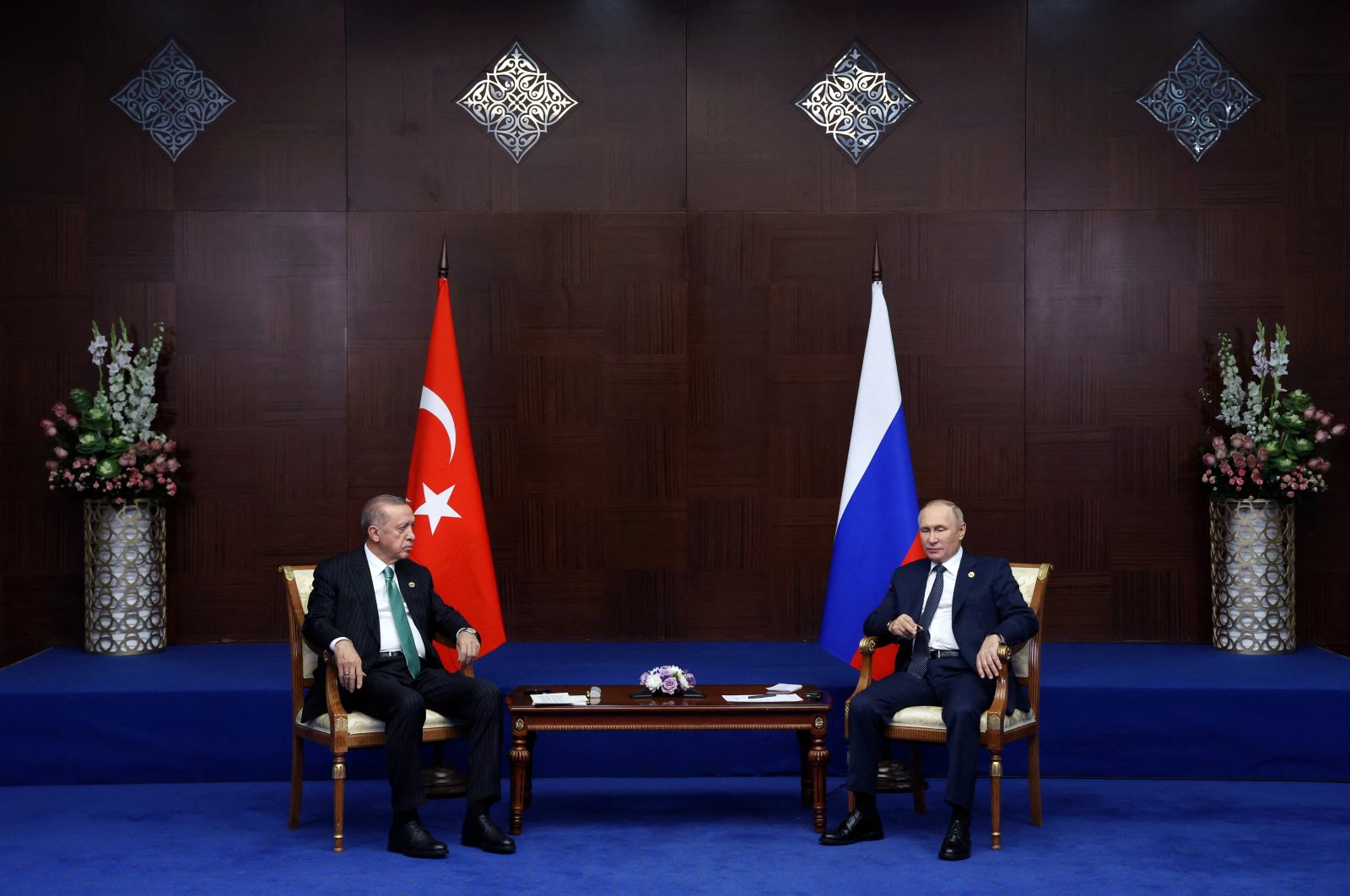 Russia&#039;s President Vladimir Putin and President Recep Tayyip Erdoğan meet on the sidelines of the 6th summit of the Conference on Interaction and Confidence-building Measures in Asia (CICA), in Astana, Kazakhstan, Oct. 13, 2022.  (Reuters Photo)