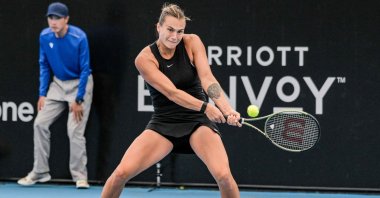 Belarus' Aryna Sabalenka hits a return against Czech Republic's Marketa Vondrousova during their women's singles quarterfinal match at the Adelaide International tennis tournament, Adelaide, Australia, Jan. 6, 2023. (AFP Photo)