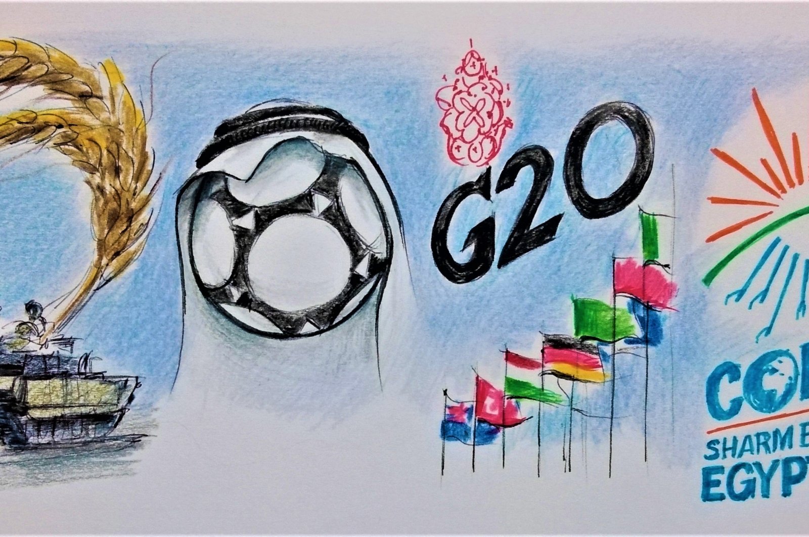 This illustration shows the main events, especially in politics, sports and climate change, in the Muslim world for 2022. (Illustration by Erhan Yalvaç)