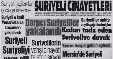 A collage of Turkish newspaper headlines stressing the word "Syrian" in crime stories. (AA Photo)