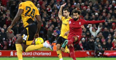 Liverpool&#039;s Mohamed Salah scores their second goal against Wolverhampton Wanderers at the Anfield, Liverpool, UK., Jan. 7, 2023. (Reuters Photo)