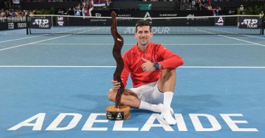 Serbian tennis player Novak Djokovic celebrates after winning the final of the ATP Adelaide International tournament against Sebastian Korda of the U.S., Adelaide, Australia, Jan. 8, 2023. (AFP Photo)