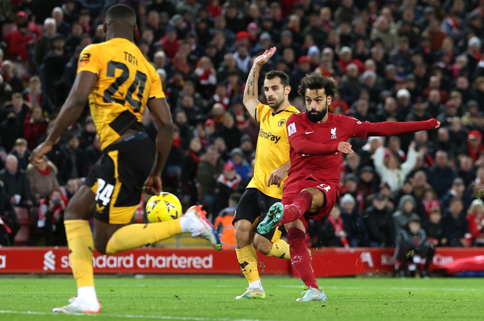 Liverpool&#039;s Mohamed Salah scores their second goal against Wolverhampton Wanderers at the Anfield, Liverpool, UK., Jan. 7, 2023. (Reuters Photo)