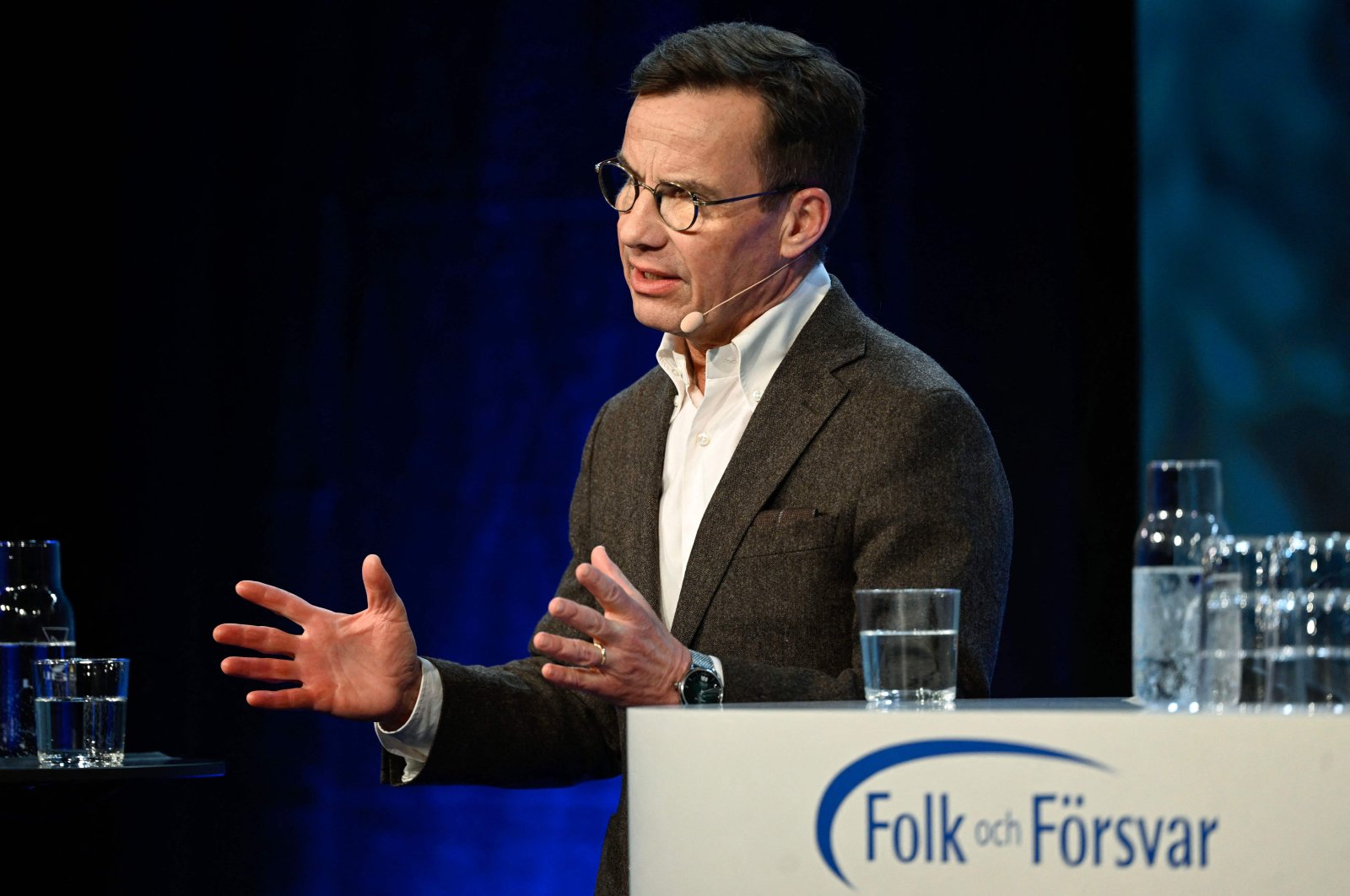 Sweden&#039;s Prime Minister Ulf Kristersson delivers a speech at the event, in Salen, Sweden, Jan. 8, 2023. (AFP Photo)