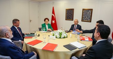 Representatives from Türkiye's six opposition parties known as "table for six" (L-R): The Felicity Party (SP) Chairperson Temel Karamollaoğlu, Future Party (GP) Chairperson Ahmet Davutoğlu, Good Party (IP) Chairperson Meral Akşener, the Republican People's Party (CHP) Chairperson Kemal Kılıçdaroğlu, Democrat Party (DP) Chairperson Gültekin Uysal and Democracy and Progress Party (DEVA) Chairperson Ali Babacan pose ahead of a meeting, in capital Ankara, Türkiye, Jan. 5, 2022. (IHA Photo)