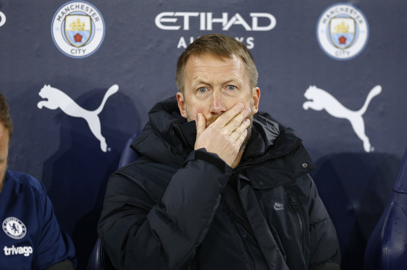 Chelsea manager Graham Potter during the Emirates FA Cup Third Round match between Manchester City and Chelsea at Etihad Stadium, Manchester, UK., Jan. 8, 2023. (Getty Images Photo)