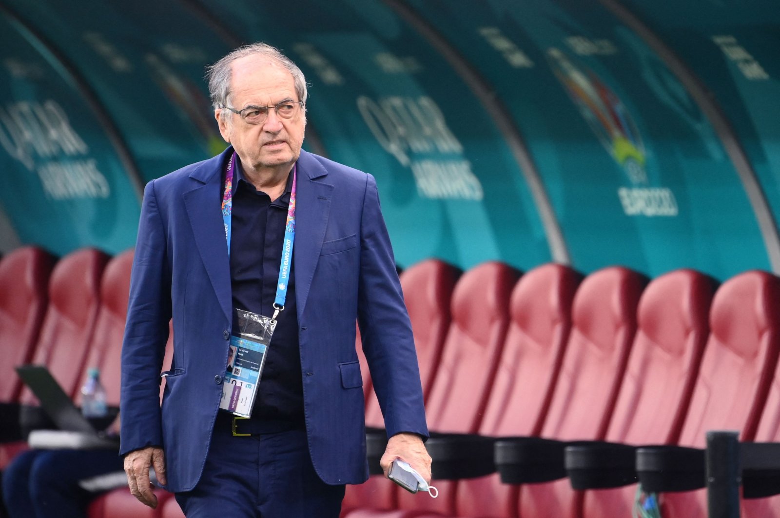 French Football Federation (FFF) President Noel Le Graet walks along the pitch at the National Arena, Bucharest, Romania, June 28, 2021. (AFP Photo)