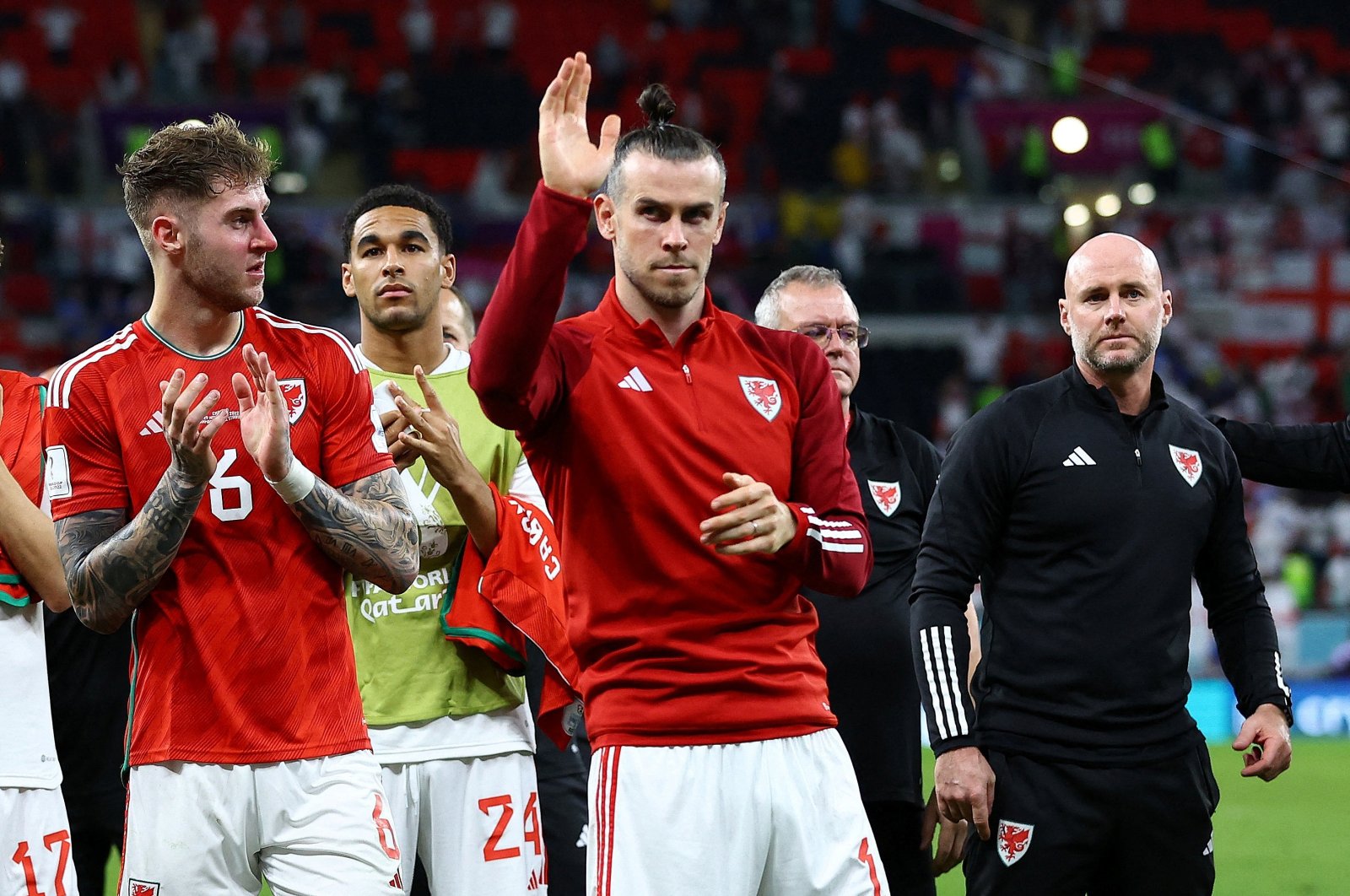 Gareth Bale (C) waves after the FIFA World Cup Qatar 2022 Wales and England match at Ahmad Bin Ali Stadium, Al Rayyan, Qatar, Nov. 30, 2022. (Reuters File Photo) 