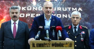 Interior Minister Süleyman Soylu briefs the press about the anti-narcotics operation carried out in Uşak, Türkiye, Jan. 10, 2023. (IHA Photo)