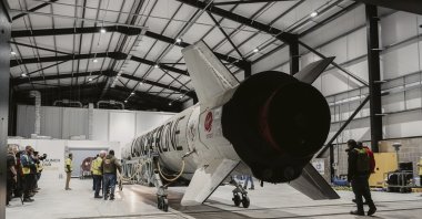 The LauncherOne rocket in a hanger at Spaceport Cornwall, at Cornwall Airport in Newquay, Newquay, U.K., Jan. 3, 2023. (Reuters Photo)
