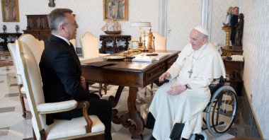 Türkiye's Ambassador to the Vatican Lütfullah Göktaş speaks with Pope Francis in the Vatican, May 28, 2022. (AA Photo)