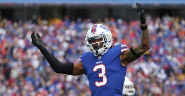 Damar Hamlin, of the Buffalo Bills, reacts after a missed Pittsburgh Steelers field goal during the second quarter in Orchard Park, New York, U.S., Oct. 9, 2022. (AFP Photo)