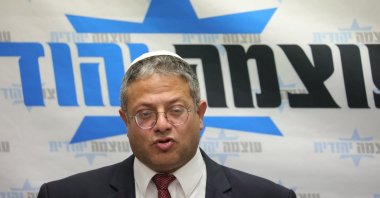 Israeli Minister of National Security and leader of the far-right Otzma Yehudit party, Itamar Ben Gvir, speaks at his party's faction meeting at the Knesset, the Israeli Parliament in Jerusalem, Jan. 9, 2023.  (EPA Photo)