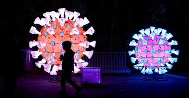 A visitor walks past an illuminated coronavirus model during an exhibition at the Jardin des Plantes, in Paris, France, Nov. 12, 2022. (Reuters Photo)