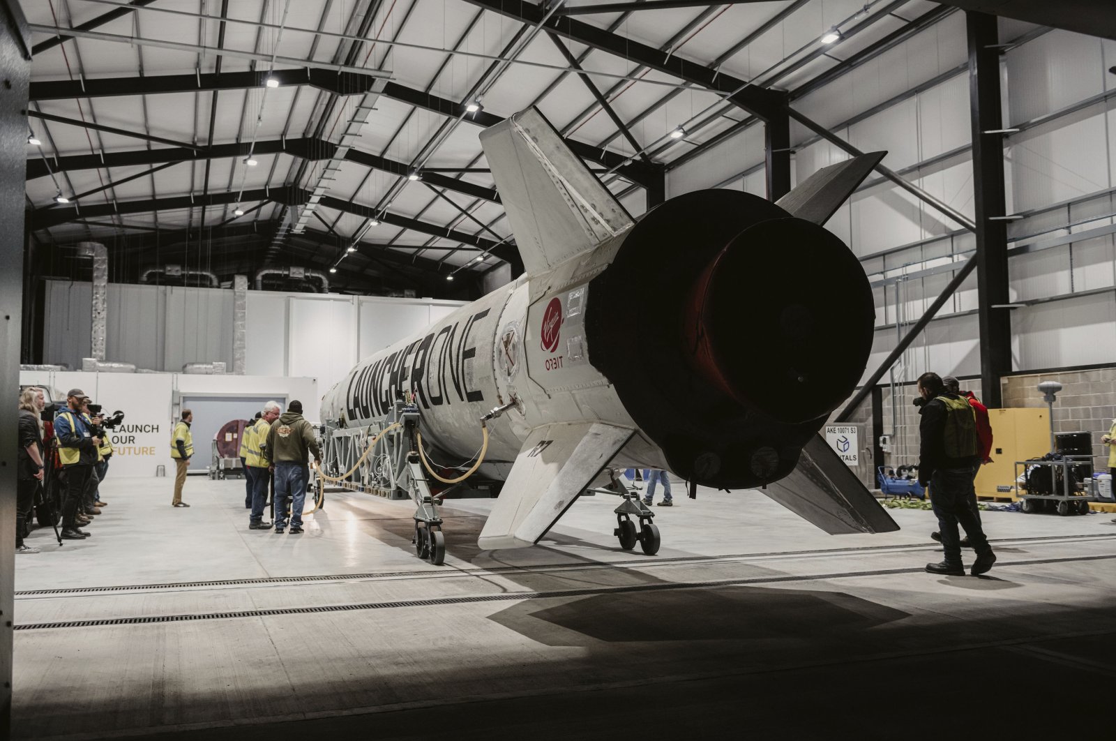 The LauncherOne rocket in a hanger at Spaceport Cornwall, at Cornwall Airport in Newquay, Newquay, U.K., Jan. 3, 2023. (Reuters Photo)