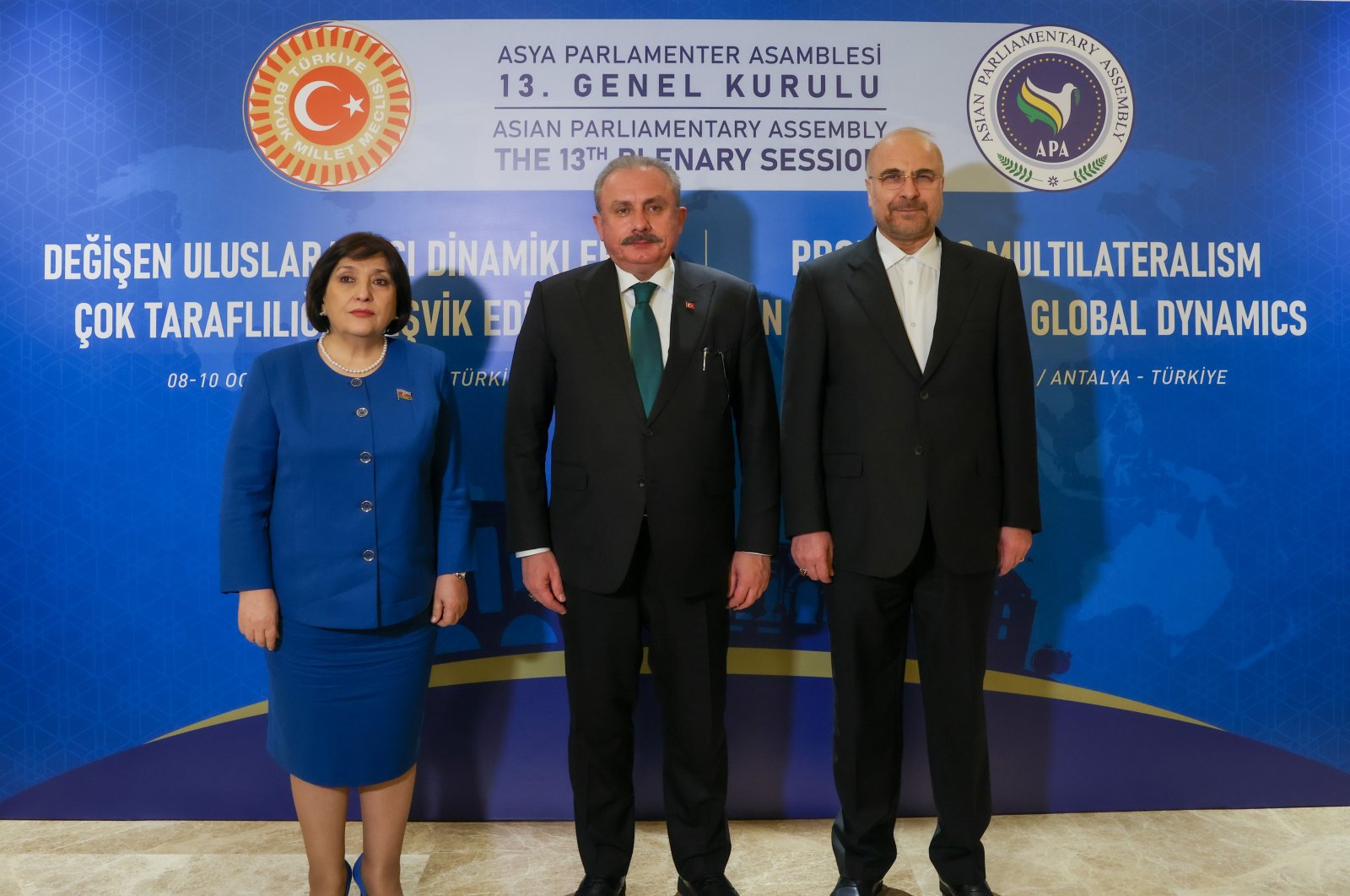 Türkiye&#039;s Parliament Speaker Mustafa Şentop (C) poses with Azerbaijani National Assembly Speaker Sahiba Gafarova (L) and Iranian Parliamentary Speaker Mohammad Bagher Ghalibaf (R) following a trilateral meeting on the sidelines of the13th Asian Parliamentary Assembly (APA) summit in Antalya, Jan. 9, 2023. (AA Photo)