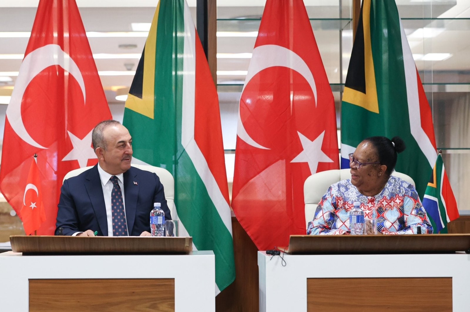 Foreign Minister Mevlüt Çavuşoğlu (L) conducts a joint press conference with South African Minister of International Relations and Cooperation Naledi Pandor (R), in Pretoria, South Africa, Jan. 10, 2023. (IHA Photo)