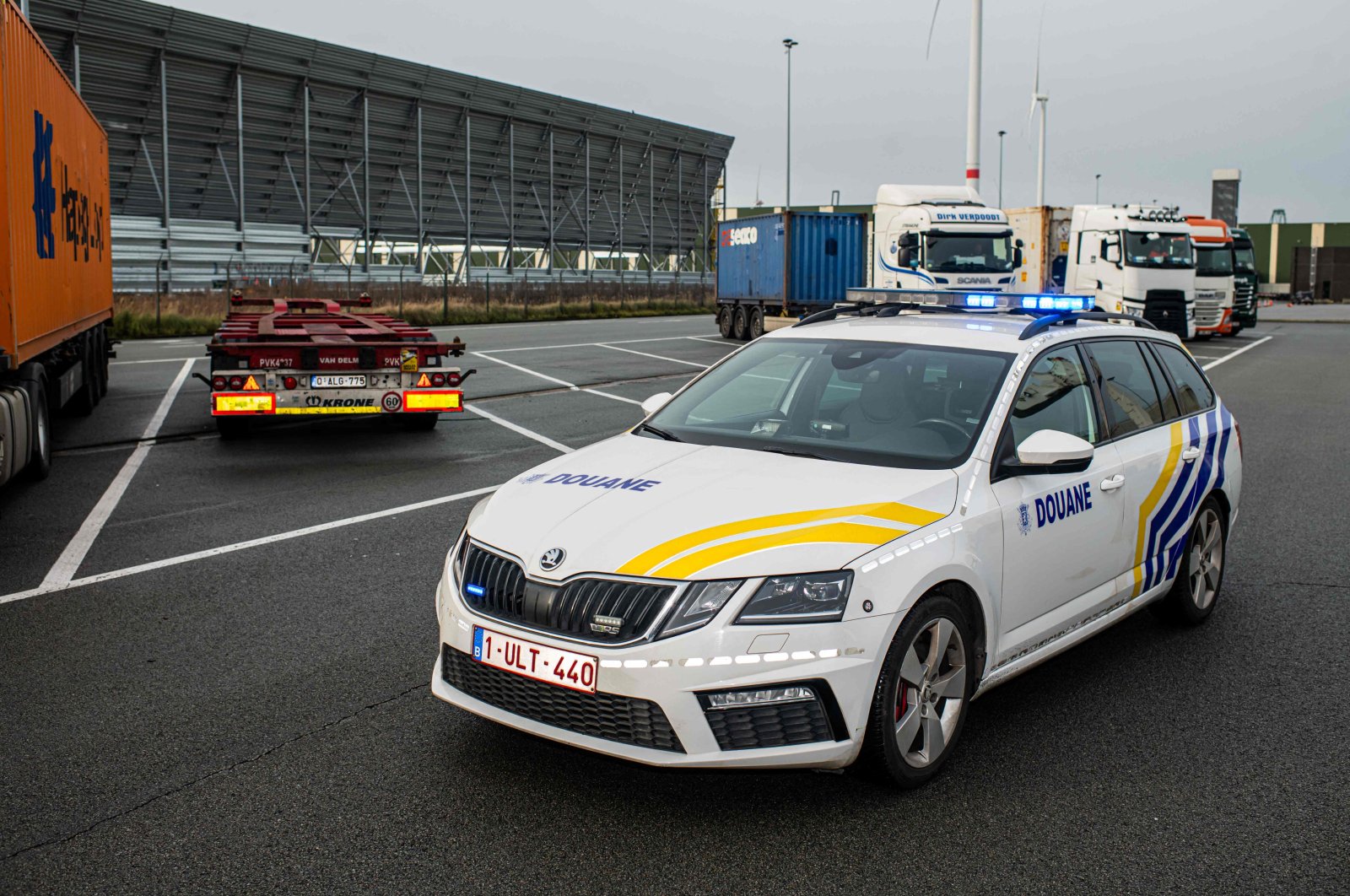 A Belgian customs car during a joint press briefing of the Belgian and Dutch customs authorities on the cocaine intercepted in the Antwerp and Rotterdam harbors in 2022, in Beveren, Belgium, Jan. 10, 2023. (AFP Photo)