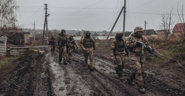 Ukrainian troops patrol an area near Soledar, Bakhmut, eastern Ukraine, Jan. 8, 2022. (AA Photo)