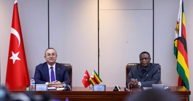 Foreign Minister Mevlüt Çavuşoğlu and his Zimbabwean counterpart Frederick Shava attend a joint news conference in Harare, Jan. 11, 2022. (AA Photo)
