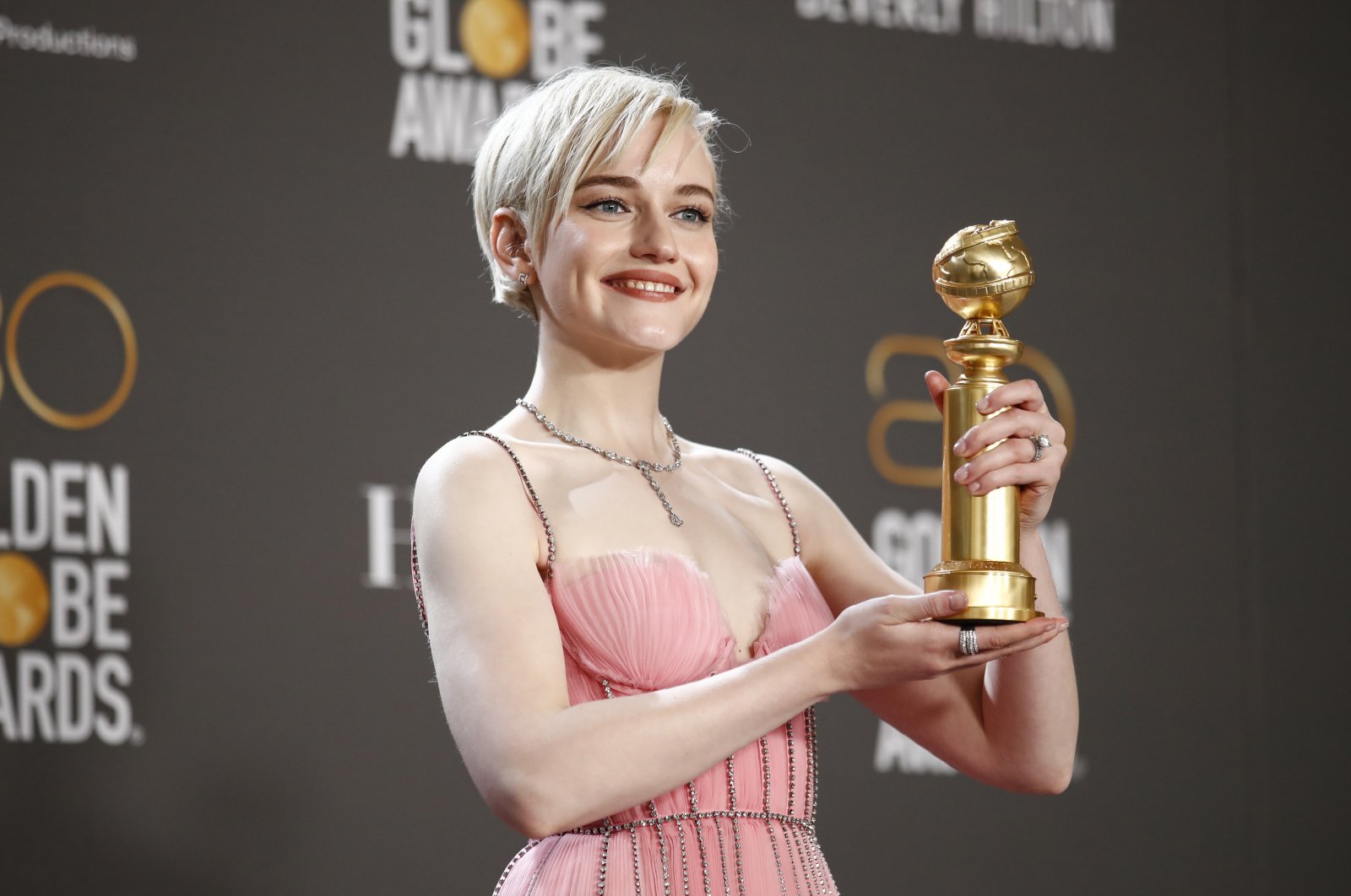 U.S. actor Julia Garner poses with the award for Best Supporting Actress in a Television Series/ Musical-Comedy or Drama in the press room during the 80th annual Golden Globe Awards ceremony in Beverly Hills, California, U.S., Jan. 10, 2023. (EPA Photo)