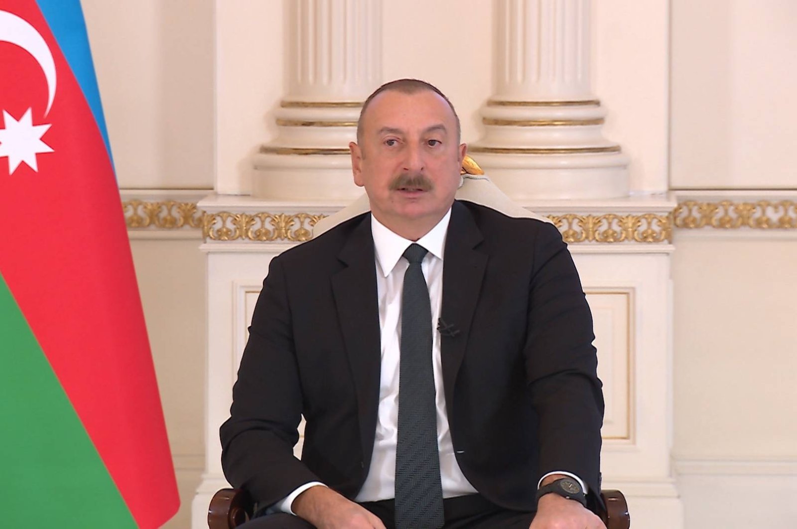 Azerbaijani President Ilham Aliyev speaks at a TV interview in Baku, Azerbaijan, Jan. 10, 2023. (IHA Photo)