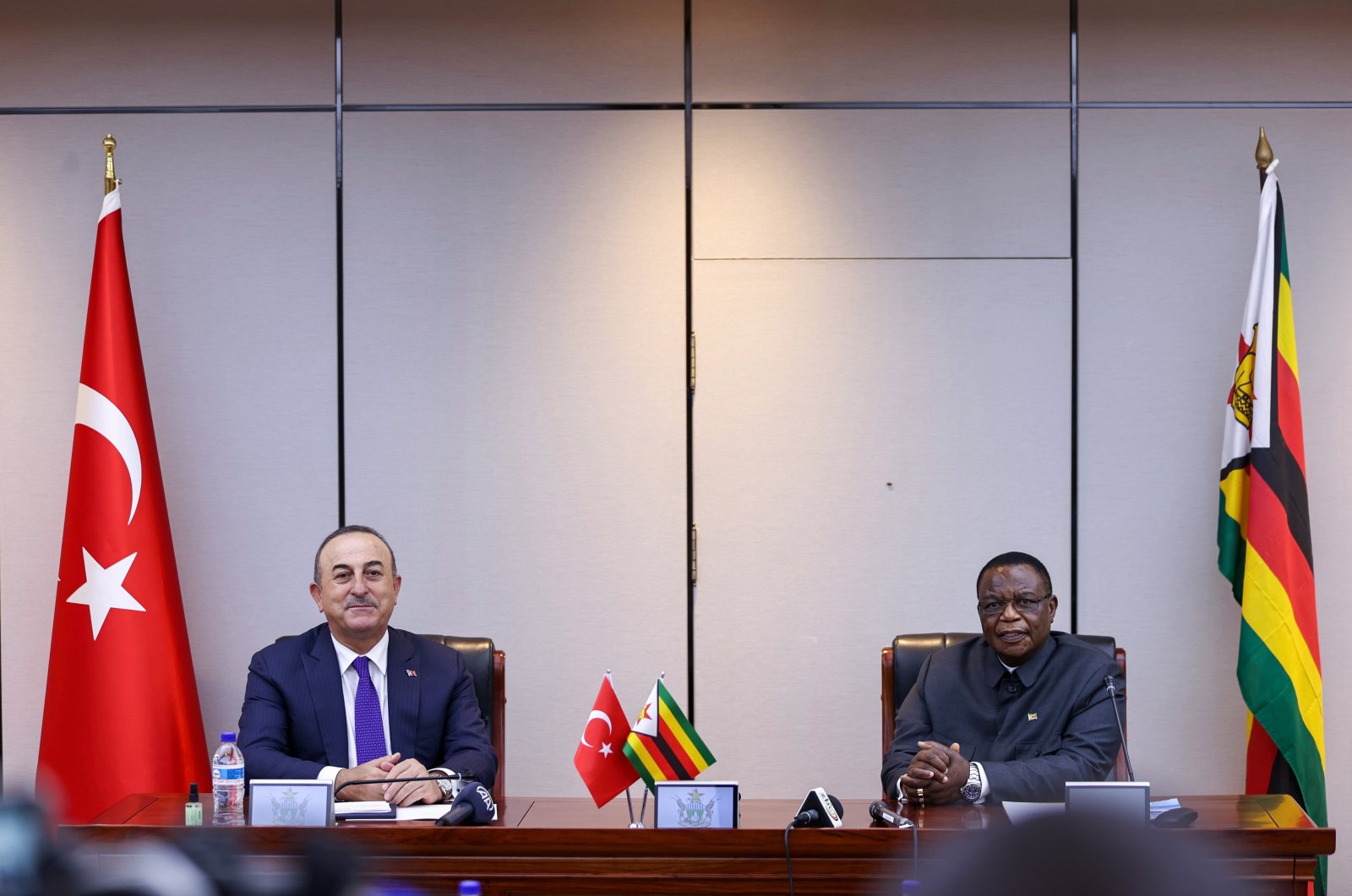 Foreign Minister Mevlüt Çavuşoğlu and his Zimbabwean counterpart Frederick Shava attend a joint news conference in Harare, Jan. 11, 2022. (AA Photo)