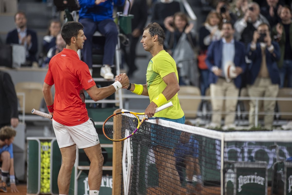 Spain&#039;s Rafael Nadal congratulated by Serbia&#039;s Novak Djokovic on Court Philippe Chatrier during the singles Quarter Final match at the 2022 French Open Tennis Tournament at Roland Garros, Paris, France, May 31 2022. (Getty Images Photo)