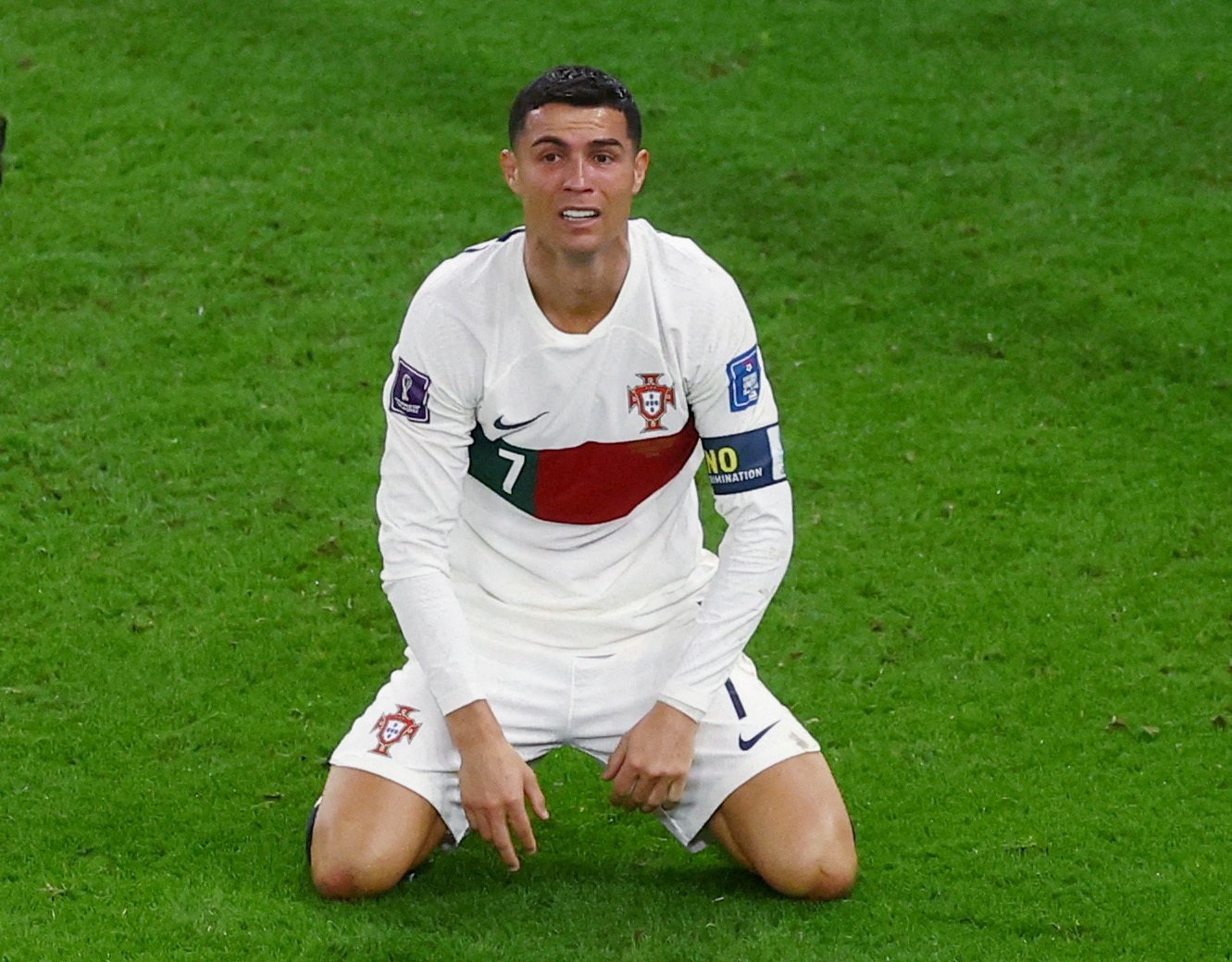 Cristiano Ronaldo Portugal bereaksi selama pertandingan perempat final Piala Dunia FIFA Qatar 2022 antara Portugal dan Maroko di Stadion Al Thumama, Doha, Qatar, 10 Desember 2022. (Foto Reuters) 