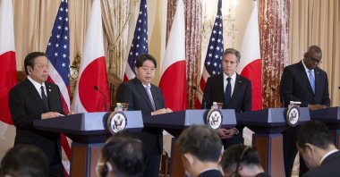 (From L to R) Japanese Defense Minister Hamada Yasukazu, Foreign Minister Hayashi Yoshimasa with U.S. Secretary of State Antony Blinken, and U.S. Secretary of Defense Lloyd Austin, Washington, DC, U.S. Jan. 11, 2023. (EPA Photo)
