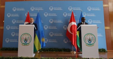 Foreign Minister Mevlüt Çavuşoğlu (L) speaks at the press conference with his Rwandan counterpart Vincent Biruta, in Kigali, Rwanda, Jan. 12, 2023. (DHA Photo)
