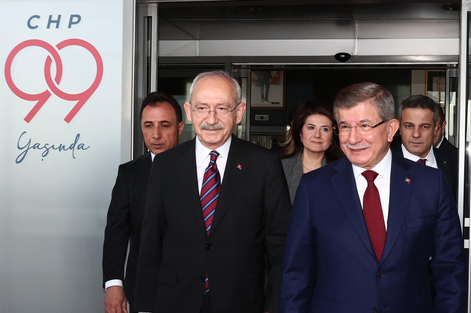 Head of the Future Party (GP) Ahmet Davutoğlu (R) and Republican People&#039;s Party (CHP) Chairperson Kemal Kılıçdaroğlu (L) are seen at the CHP headquarters, Ankara, Türkiye, Jan. 2, 2023 (AA Photo)