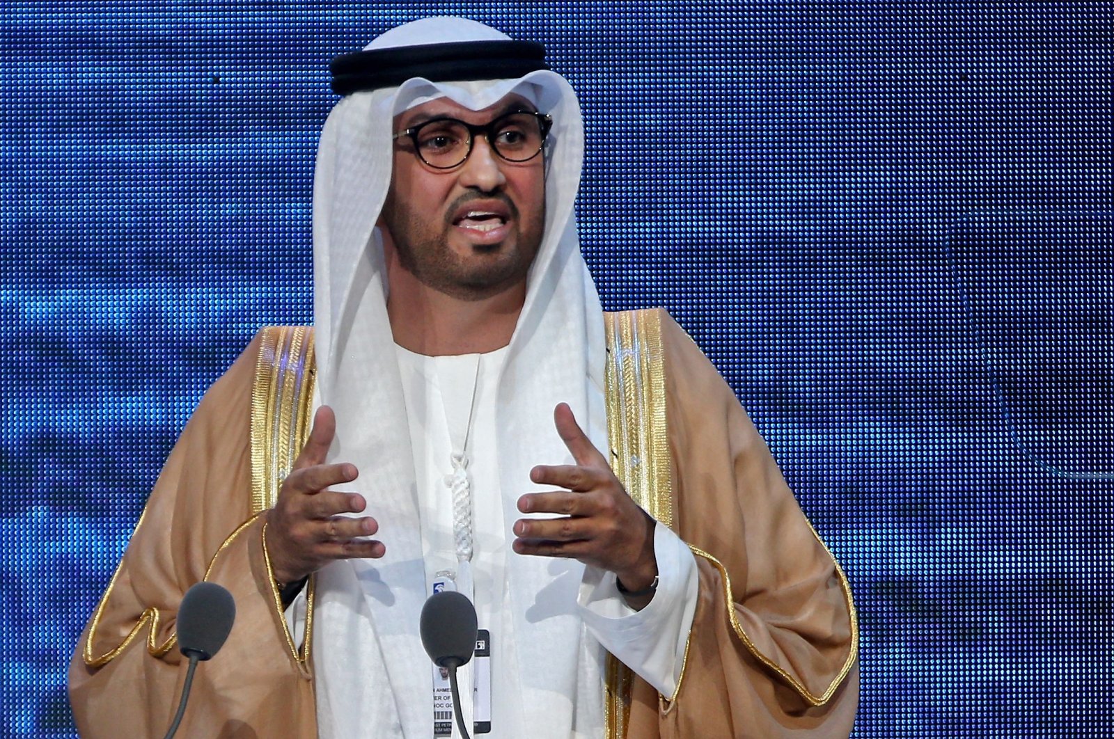 UAE&#039;s minister of state and CEO of the Abu Dhabi National Oil Company (ADNOC), Sultan Ahmed Al Jaber, addresses the opening ceremony of the Abu Dhabi International Petroleum Exhibition and Conference (ADIPEC) in Abu Dhabi, UAE, Nov. 11, 2019. (AFP Photo)