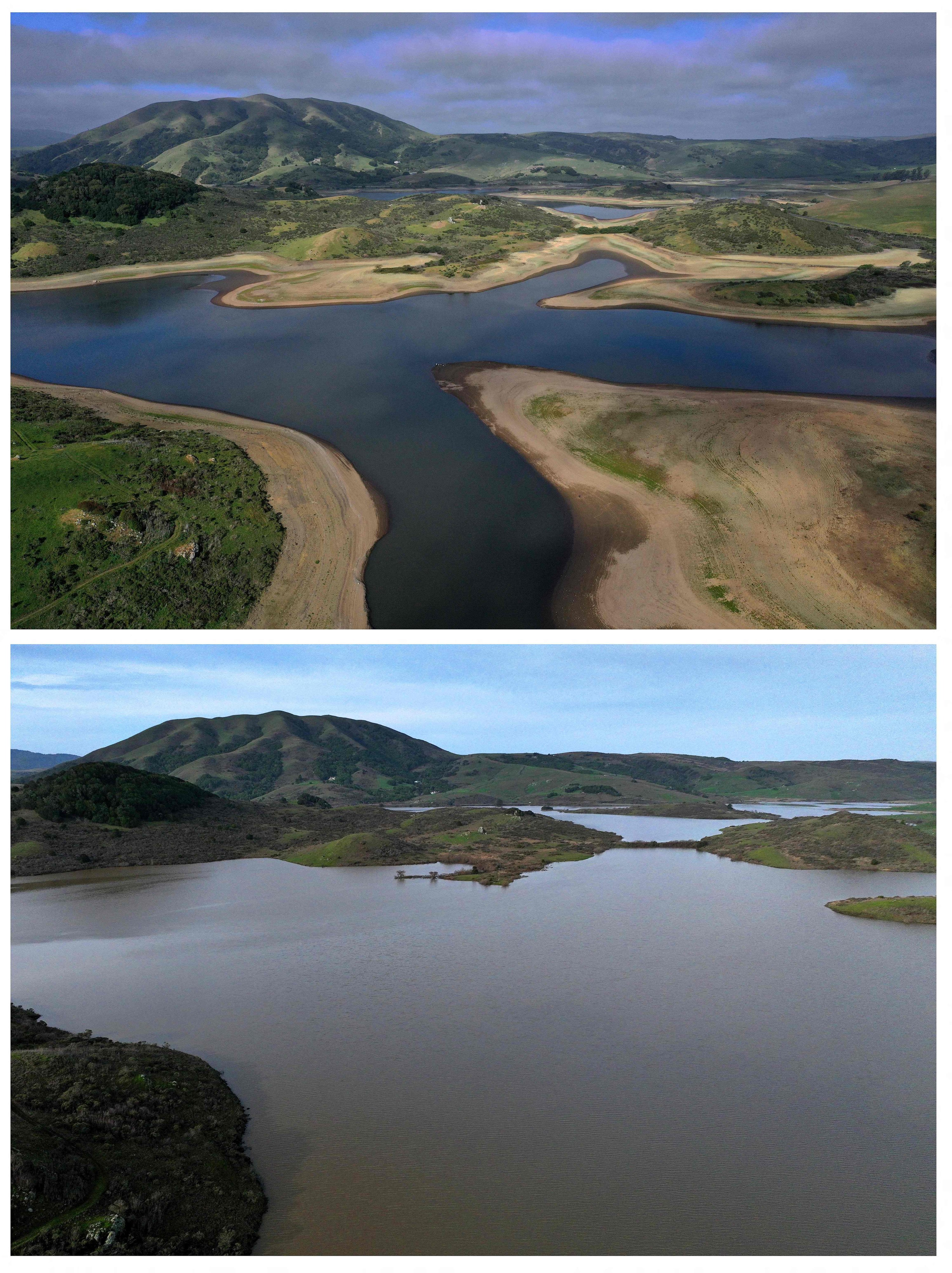 Water levels of Nicasio Reservoir, in California, U.S., on April 23, 2022 and Jan. 12, 2023. (AFP Photo)