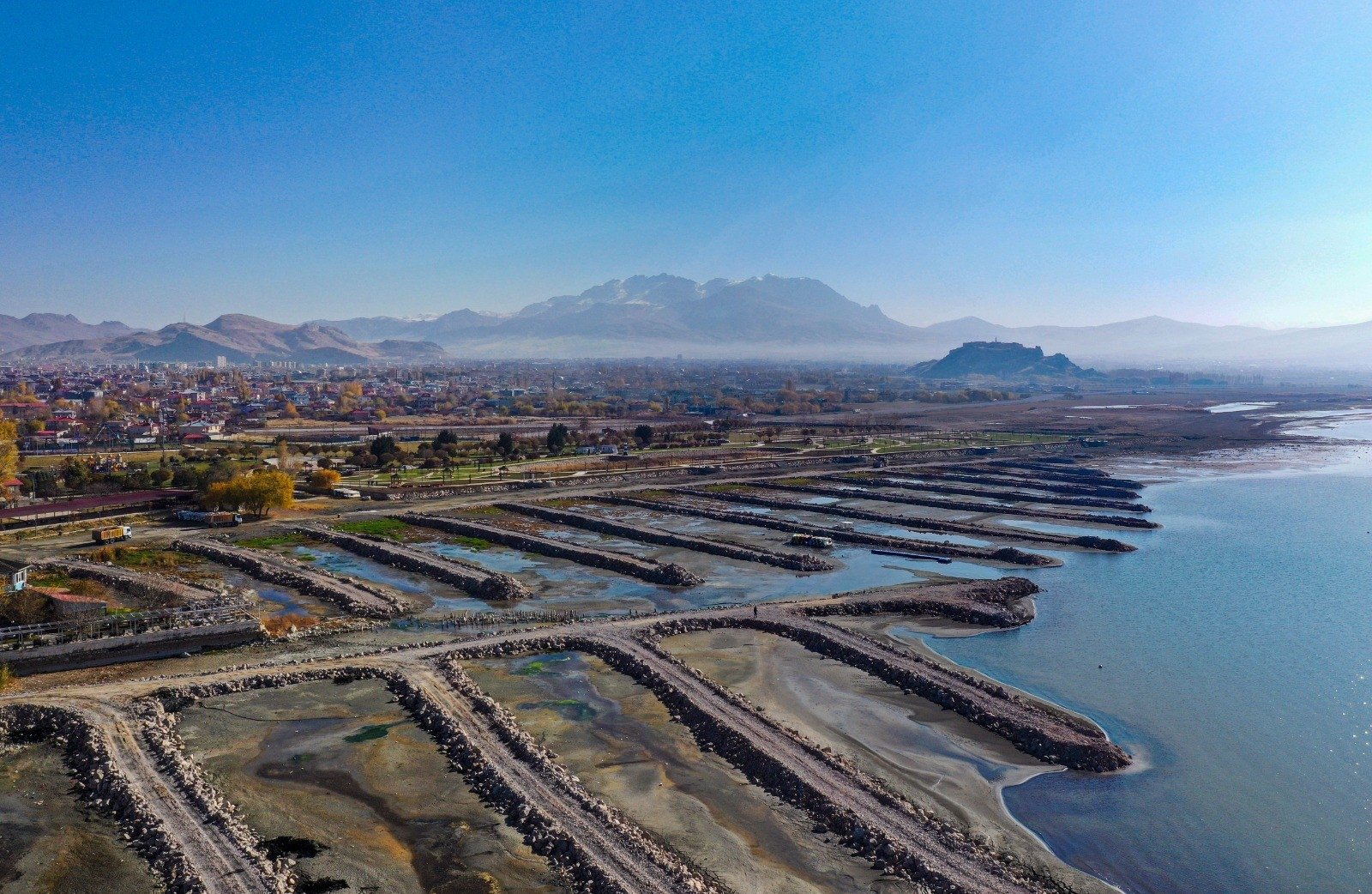 Lake Van is photographed after the first phase of the "Basin Protection Action Plan and Implementation Program" aiming to clear mud from the lake&#039;s bottom, Van, eastern Türkiye, Jan. 13, 2023. (IHA Photo)