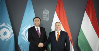 Hungarian Prime Minister Viktor Orban (R) receiving Secretary General of the Organization of Turkic States (OTS) Kubanychbek Omuraliev for talks in his office in Budapest, Hungary, Jan. 13, 2023. (Handout by Hungarian Prime Minister&#039;s Press Office via EPA Photo) 