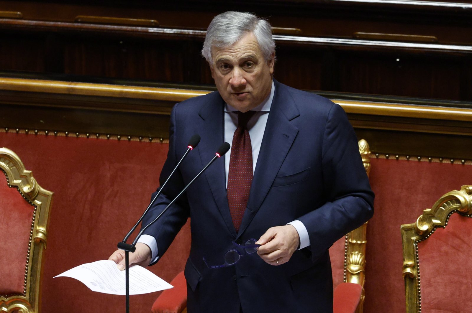 Italian Foreign Minister and Deputy Prime Minister Antonio Tajani speaks during a question session at the Senate, in Rome, Italy, Jan. 12, 2023. (EPA)