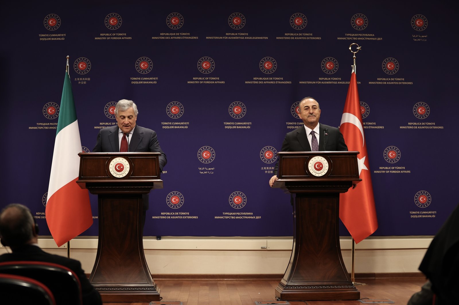 Foreign Minister Mevlüt Çavuşoğlu speaks at a joint news conference with his Italian counterpart Antonio Tajani in the capital Ankara, Türkiye, Jan. 13, 2023. (AA Photo)