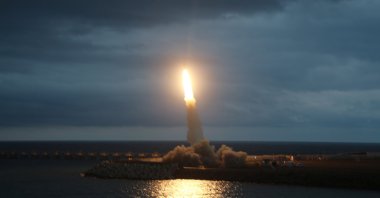 The Tayfun ballistic missile is launched over the Black Sea after being fired from a mobile platform in Rize, northern Türkiye, Oct. 18, 2022. (DHA Photo)