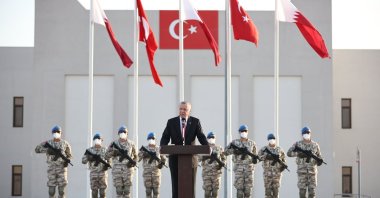 President Recep Tayyip Erdoğan speaks to Turkish soldiers at the joint Türkiye-Qatar base in Doha, Qatar, Dec. 7, 2021. (AA Photo)